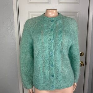 Vintage 50s 60s Handmade Womens Sweater Mohair Cable knit Cardigan Wool DD8